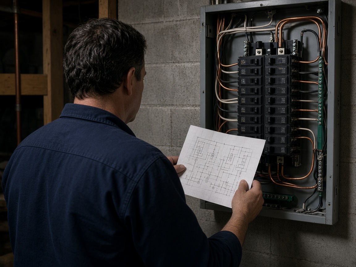 Electrician reviewing a circuit schematic beside an open residential panel